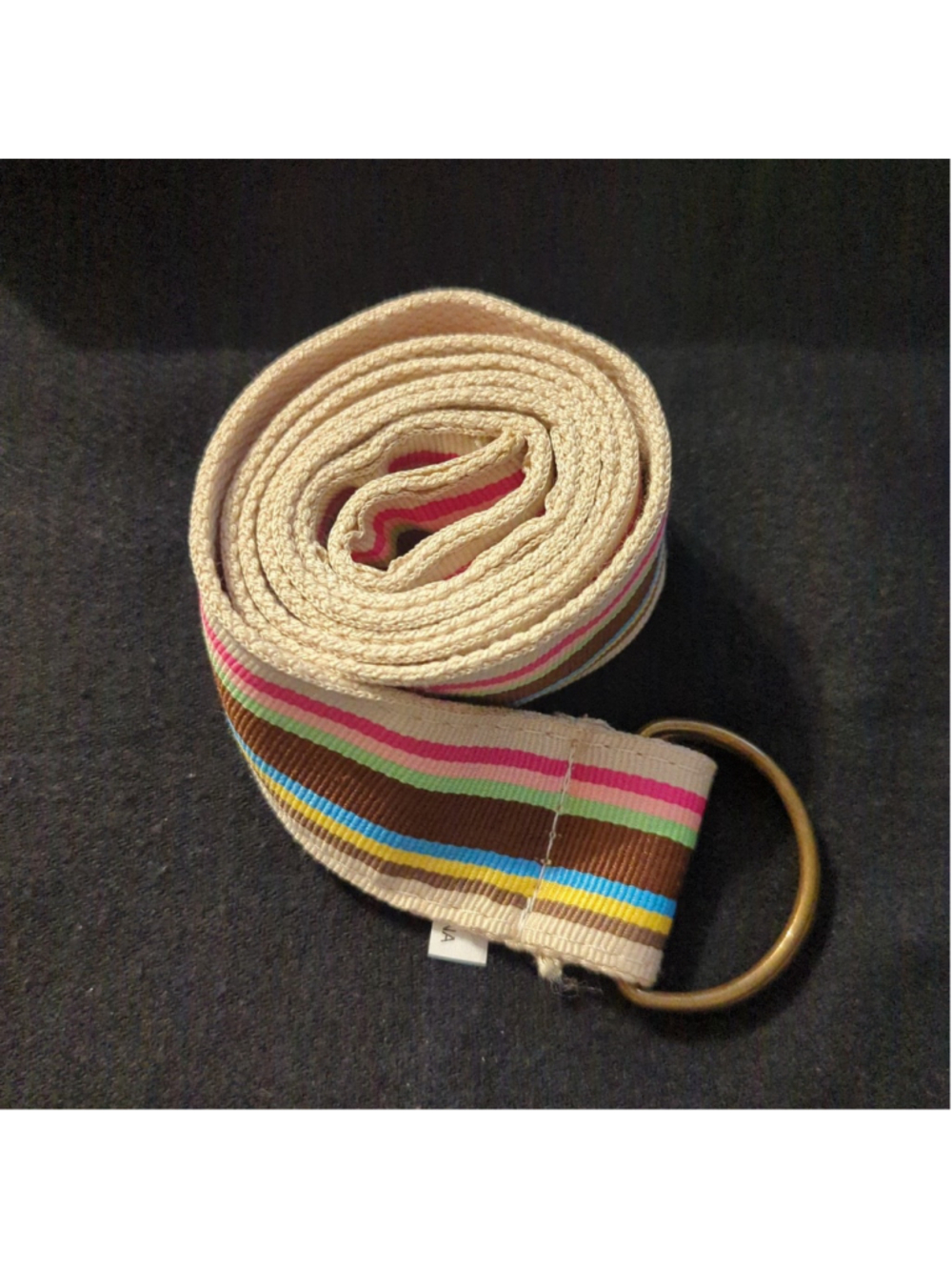 Cream Pink Brown Yellow Green Blue Striped Canvas D Ring Belt - size 14